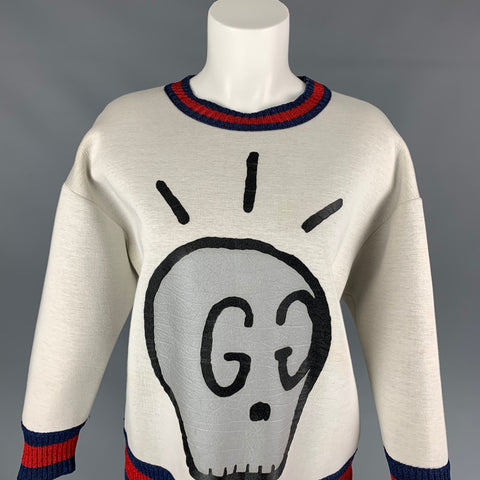 GUCCI Talla L Suéter de mujer con estampado de calavera de hielo GG de algodón beige