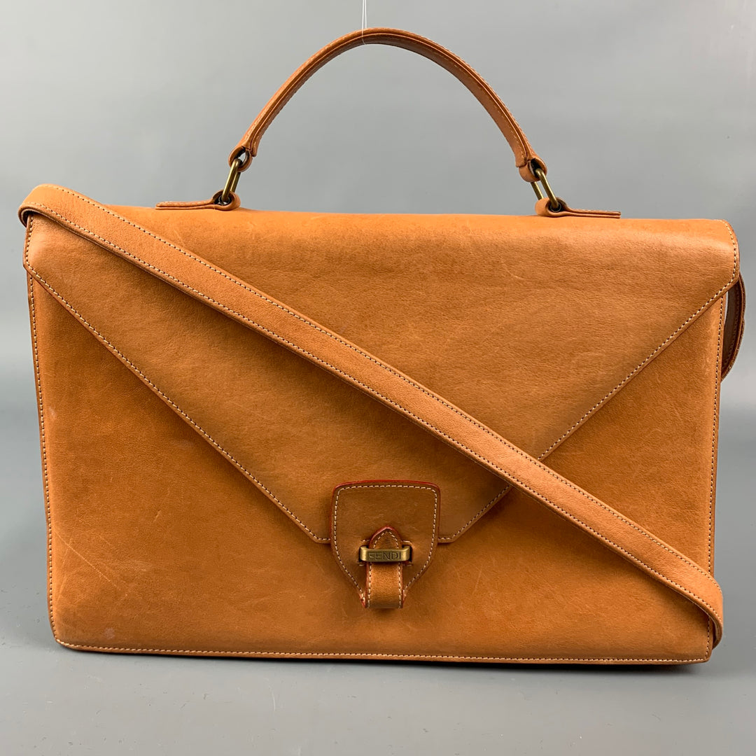 FENDI Tan Contrast Stitch Leather Briefcase Bag