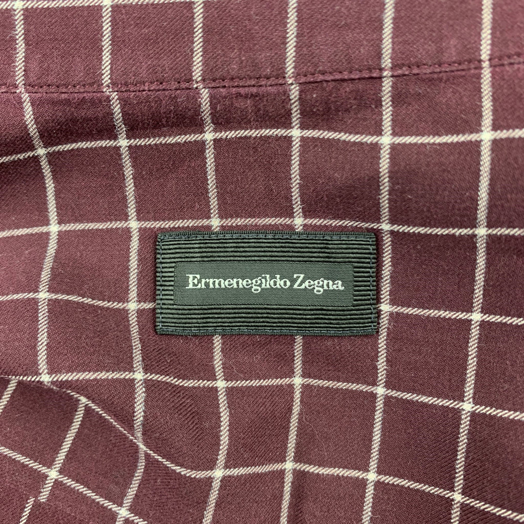 ERMENEGILDO ZEGNA Size XXL Burgundy & Cream Window Pane Cotton Long Sleeve Shirt