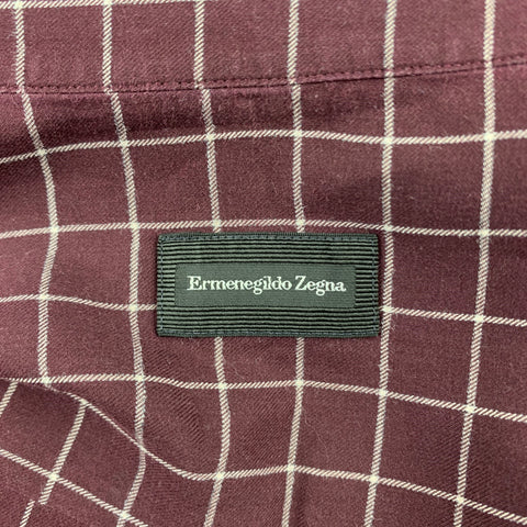 ERMENEGILDO ZEGNA Size XXL Burgundy & Cream Window Pane Cotton Long Sleeve Shirt