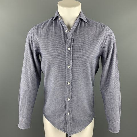 RALPH LAUREN Purple Label Size S Navy & White Houndstooth Cotton Button Up Long Sleeve Shirt