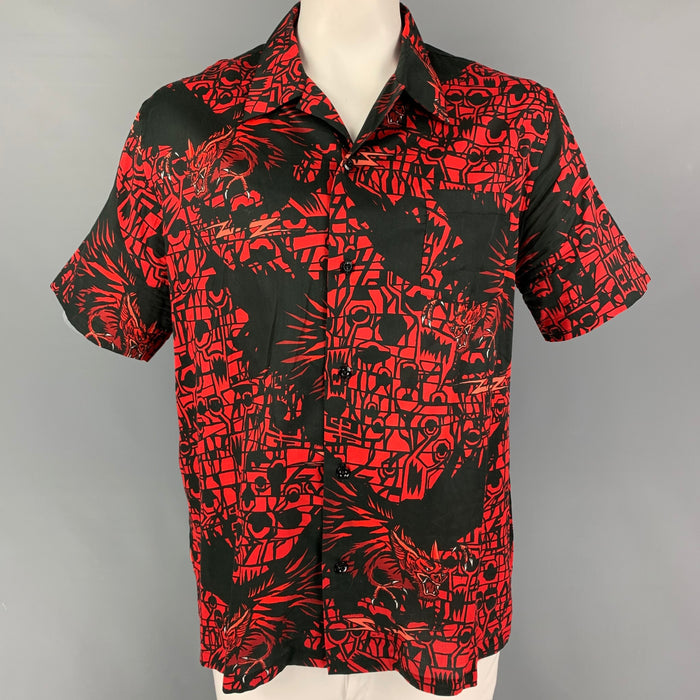 GIVENCHY Size L Black Red Print Cotton Camp Short Sleeve Shirt