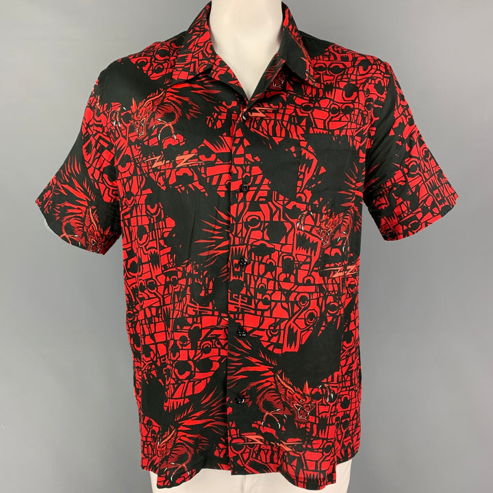 GIVENCHY Camisa Manga Corta Campamento Algodón Estampado Rojo Negro Talla L