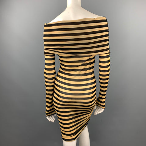 JEAN PAUL GAULTIER SS 2003 Size M Black & Taupe Polimide Turtleneck Striped Dress