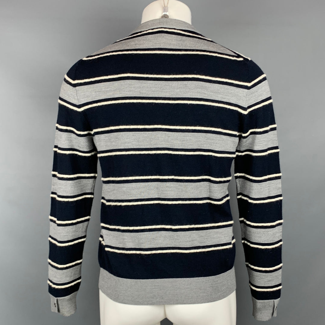 SALVATORE FERRAGAMO Size M Grey & Navy Stripe Wool / Mohair Crew-Neck Pullover