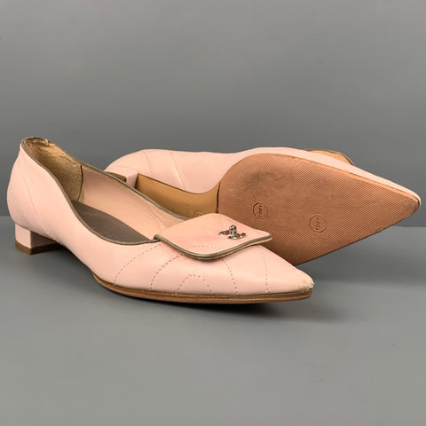 CHANEL Size 7 Pink Leather Quilted Pointed CC Flap Toe Flats
