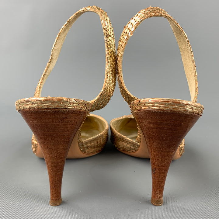 PRADA Lauren Size 9.5 Gold & Cognac Alligator Slingback Sandals