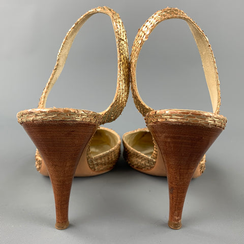 PRADA Lauren Size 9.5 Gold & Cognac Alligator Slingback Sandals