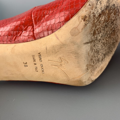 GIUSEPPE ZANOTTI Talla 8 Zapatos de tacón peep toe con tira trasera y piel de serpiente en rojo y beige
