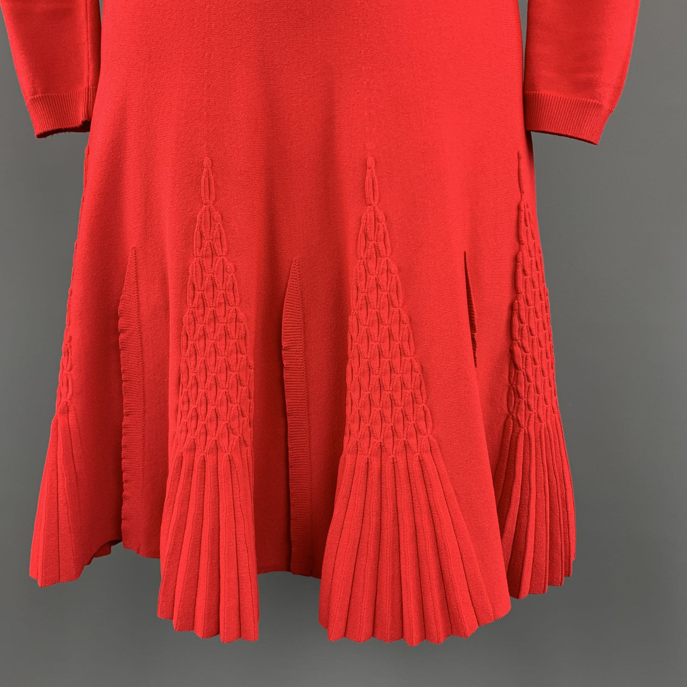 VALENTINO Size S Red Knit long Sleeve Pleat Flare Skirt Dress