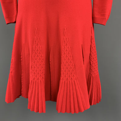 VALENTINO Size S Red Knit long Sleeve Pleat Flare Skirt Dress