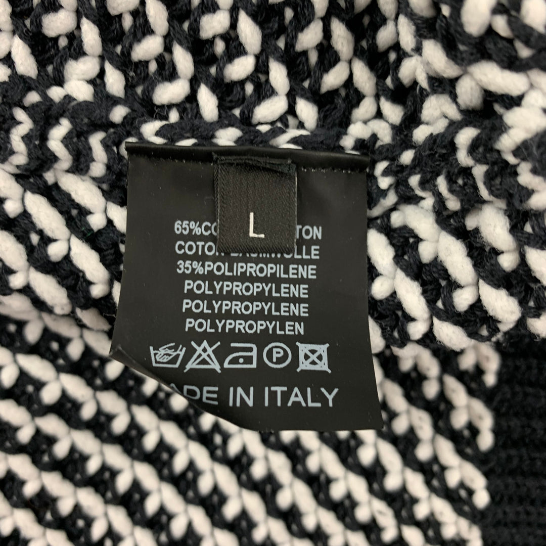 RAF SIMONS Size L Black White Knit Cotton Blend Crew-Neck Sweater