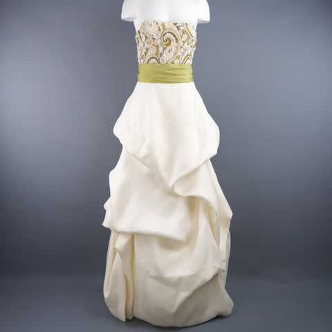 MONIQUE LHUILLIER Size 10 Cream Gold Green Lace Bodice Bolero Gown