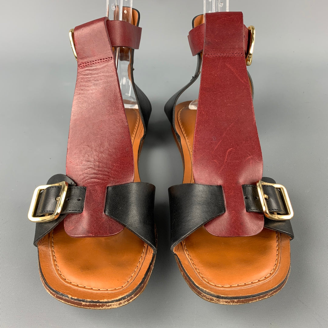 CELINE Size 9 Burgundy & Black Leather Gladiator Sandals