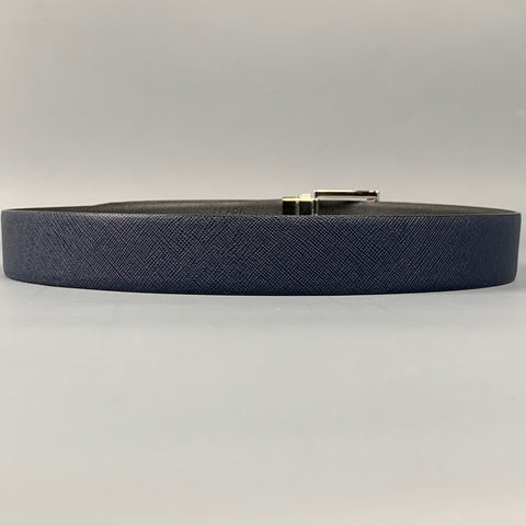 PRADA Size 34 Navy & Grey Textured Saffiano Leather Reversible Belt