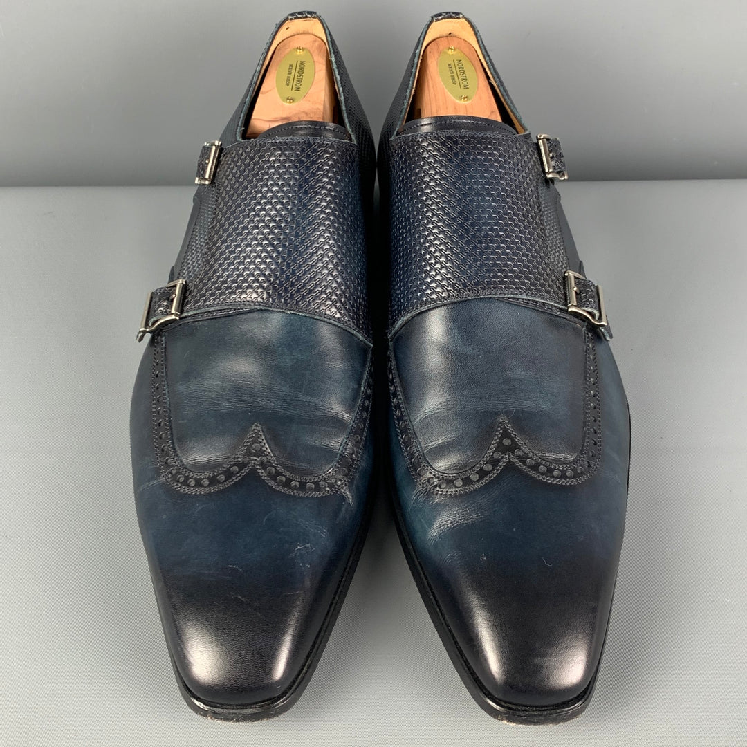 MAGNANNI Size 11 Dark Navy Textured Leather Double Monk Strap Loafers