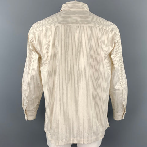 ISSEY MIYAKE Size L Beige Stripe Wrinked Polyester / Cotton Long Sleeve Shirt