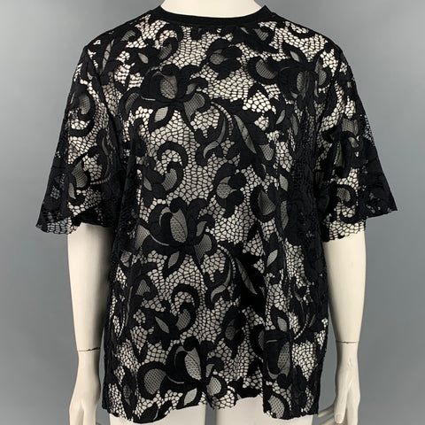 MSGM Size L Black Polyamide Polyester Lace Crew-Neck T-Shirt
