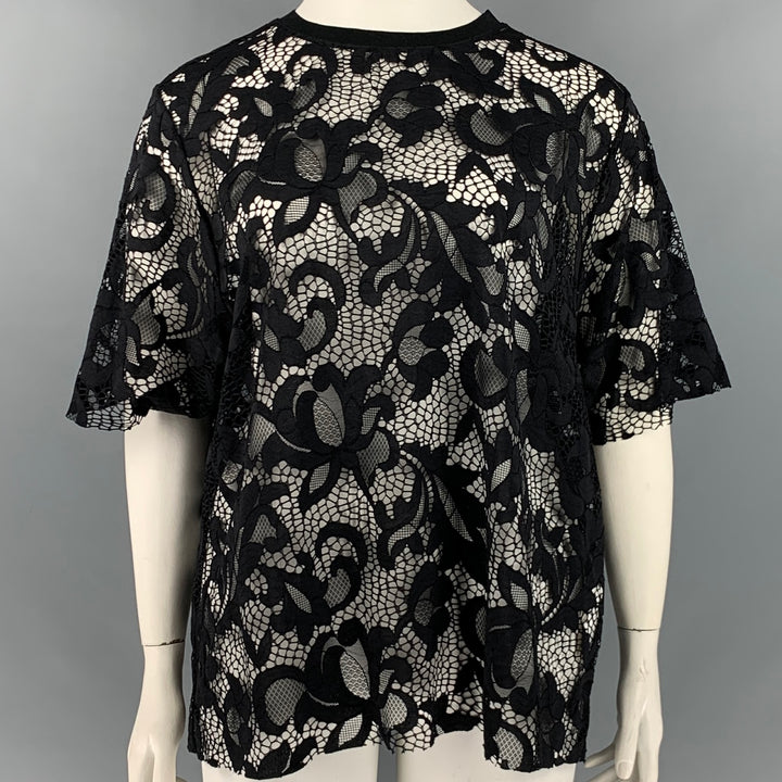 MSGM Size L Black Polyamide Polyester Lace Crew-Neck T-Shirt