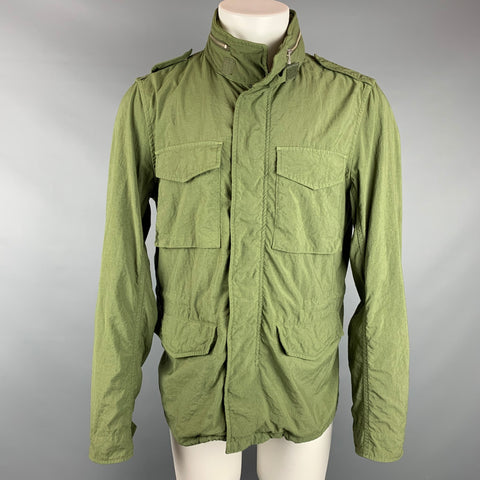 BEAMS PLUS Size L Green Nylon Zip & Snaps Hooded Military Jacket