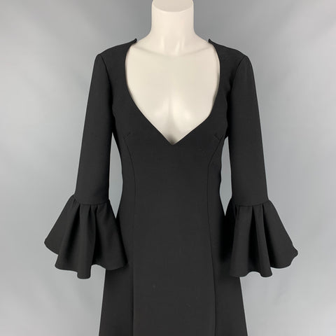 MARC JACOBS Fall 2019 Size 2 Black Wool Blend Deep V-Neck Ruffle Sleeve Dress