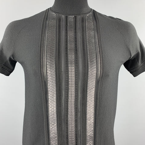 ROBERTO CAVALLI Size M Black Wool Blend Snakeskin Trim Short Sleeve Pullover