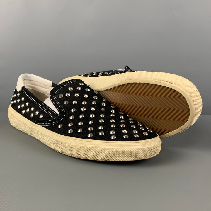 SAINT LAURENT Size 11 Black White Studded Canvas Slip On Sneakers