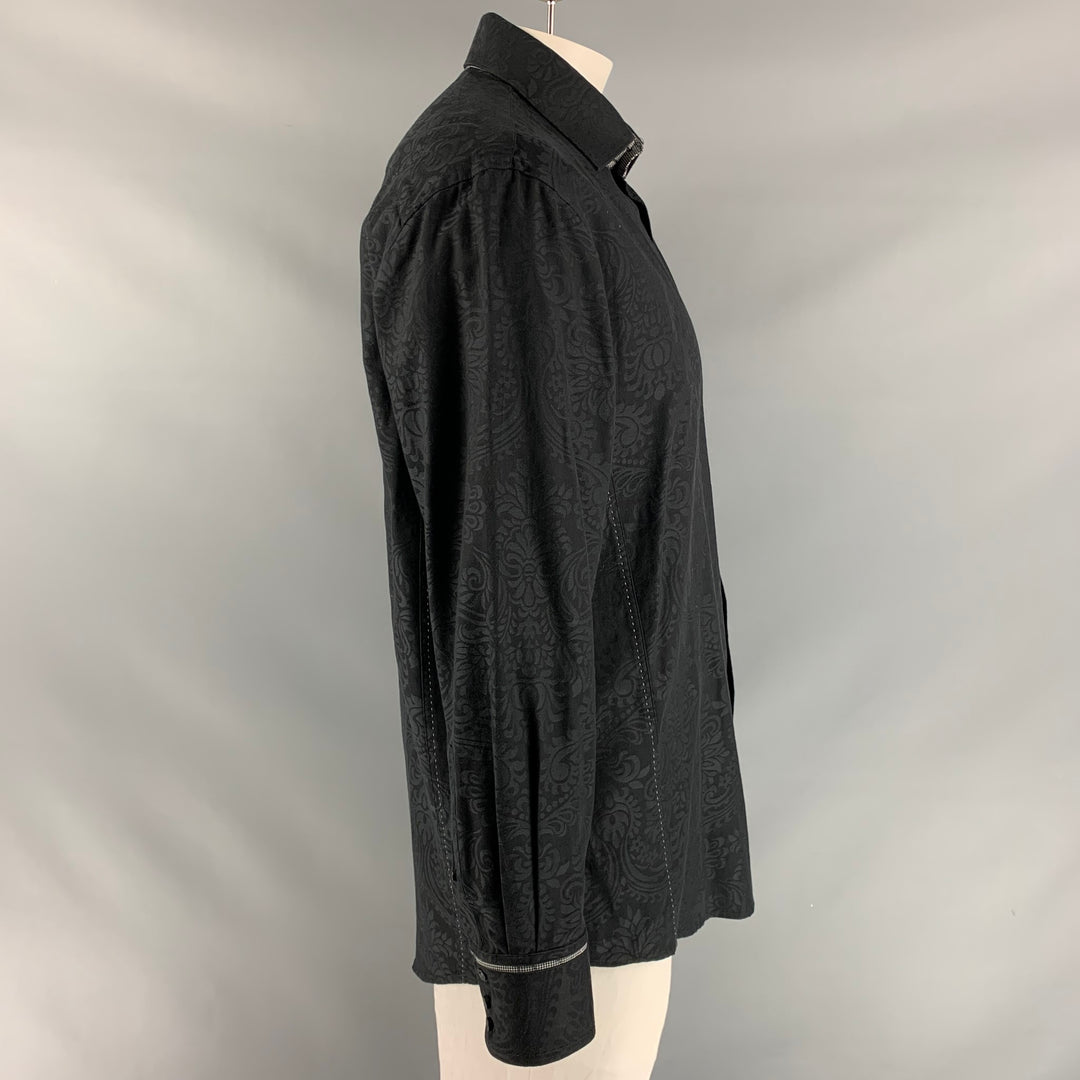 BRANDOLINI Size XL Black Print Cotton Button Up Long Sleeve Shirt