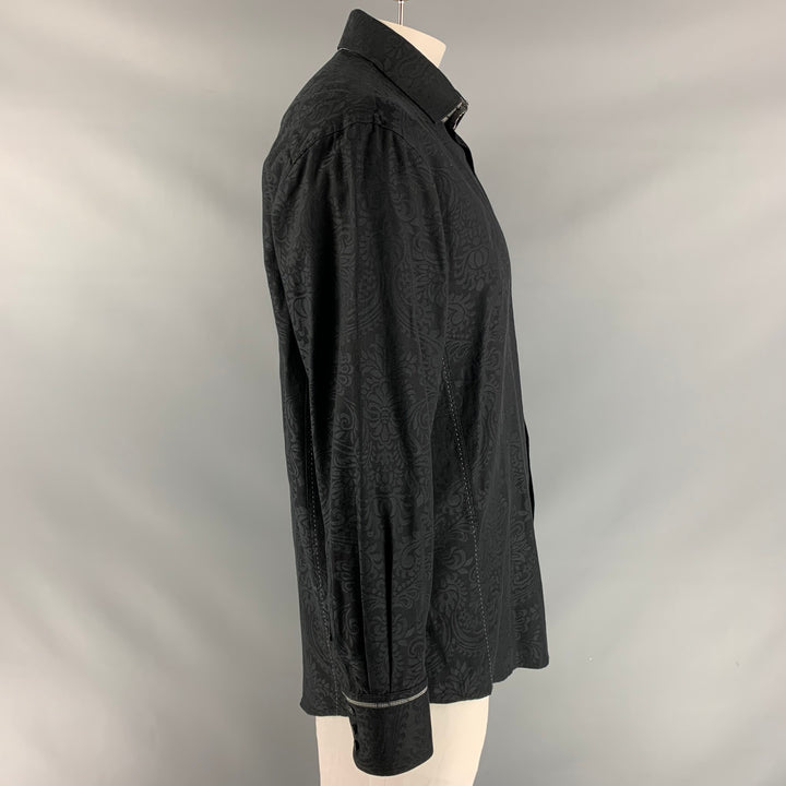 BRANDOLINI Size XL Black Print Cotton Button Up Long Sleeve Shirt