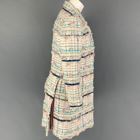 THOM BROWNE Size 4 White Multi-Color Textured Single breasted Coat