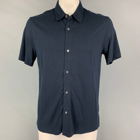 THEORY Size XL Navy Silk Cotton Button Up Short Sleeve Shirt