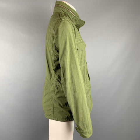 BEAMS PLUS Size L Green Nylon Zip & Snaps Hooded Military Jacket