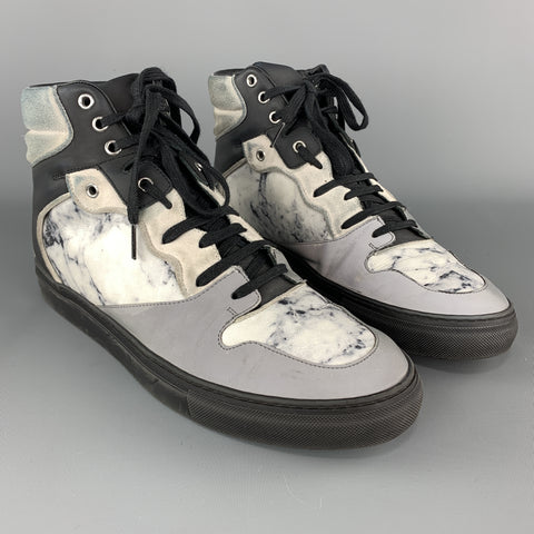 BALENCIAGA Size 10 Gray Print Marble Leather Reflective High Top Sneakers