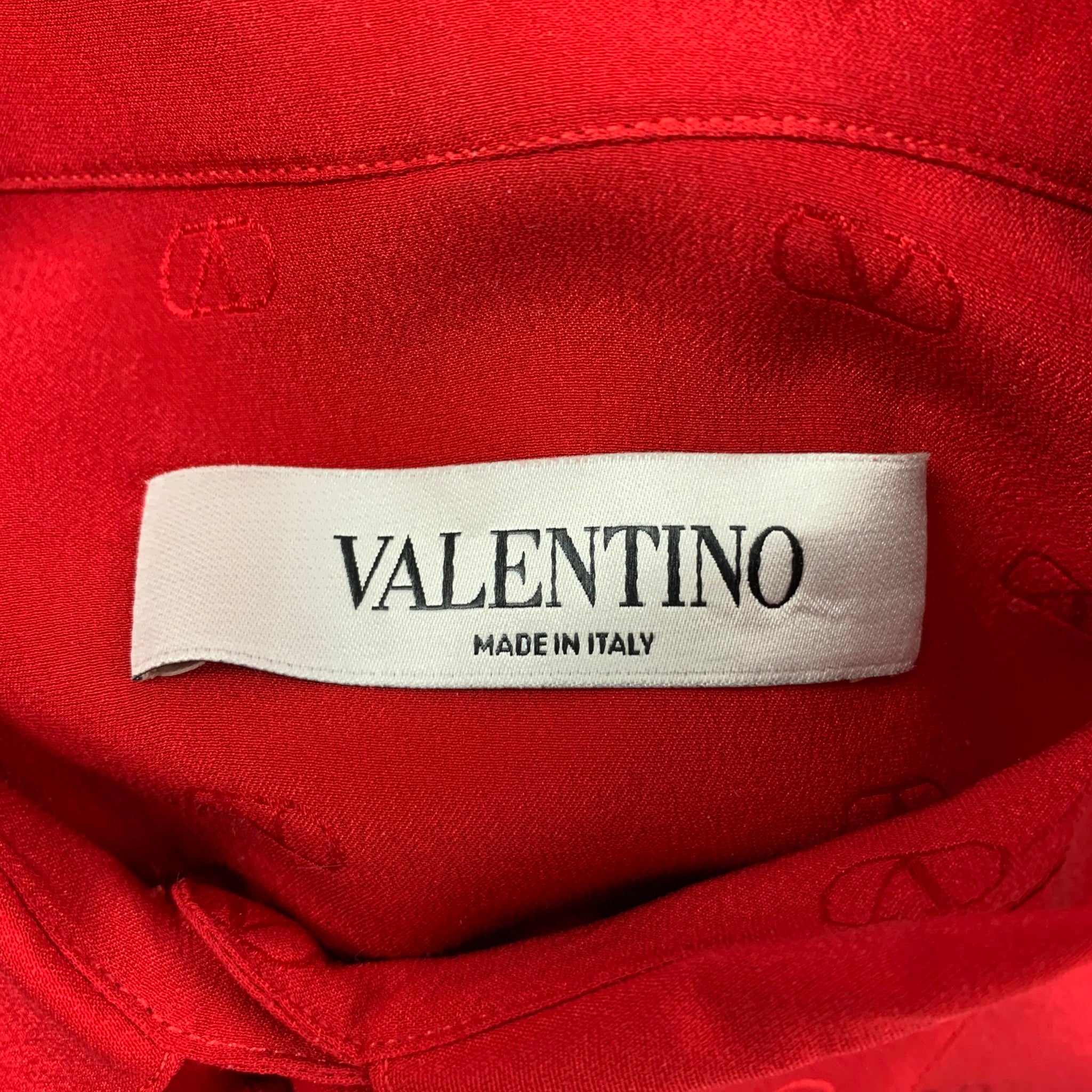 VALENTINO Size 2 Red Silk Logo Long Sleeve Dress Top Sui Generis