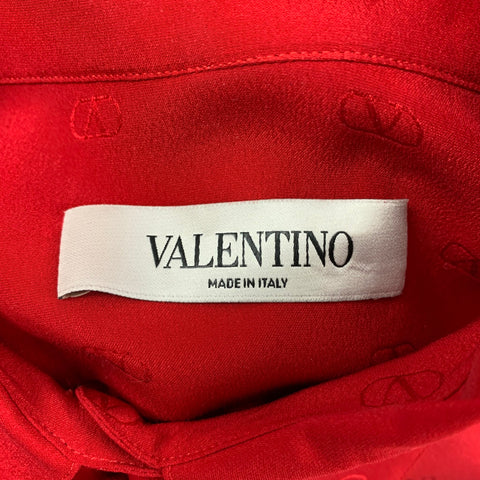 VALENTINO Size 2 Red Silk Logo Long Sleeve Dress Top
