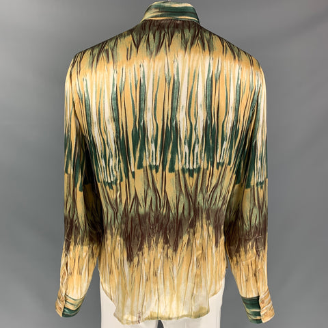 JUST CAVALLI Size XL Beige & Green Print Silk Button Up Long Sleeve Shirt