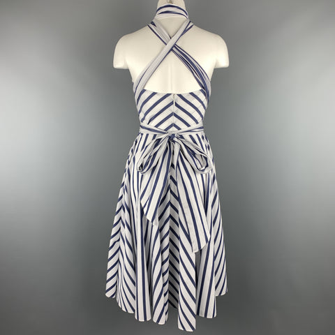CAROLINA HERRERA Size 0 White & Bllue Striped Cotton Gathered Halter Sun Dress