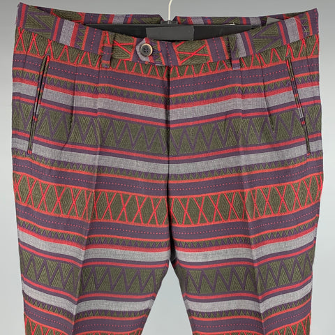 MSGM Size 32 Purple Green Jacquard Polyester Blend Pleated Dress Pants