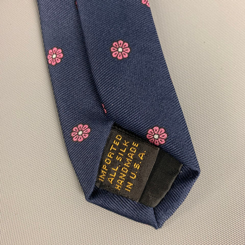 PAUL STUART Navy Pink Floral Silk Tie