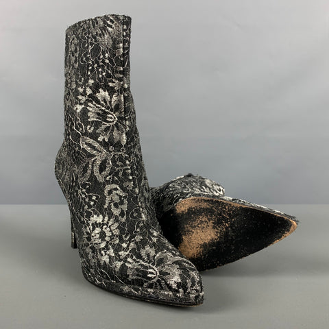 CHARLES JOURDAN Size 5 Black Grey Leather Floral Side Zipper Boots