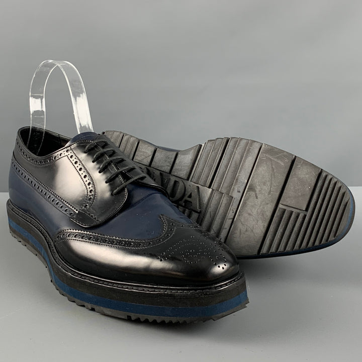 PRADA Size 11 Navy Black Perforated Leather Platform Lace Up Shoes