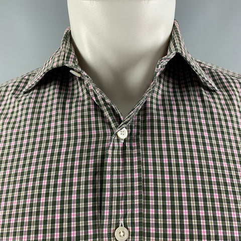 HAMILTON Size S Green & Pink Checkered Cotton Spread Collar Long Sleeve Shirt