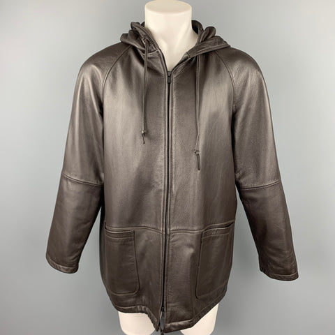 NO BRAND Size L Brown Leather Drawstring Hooded Coat