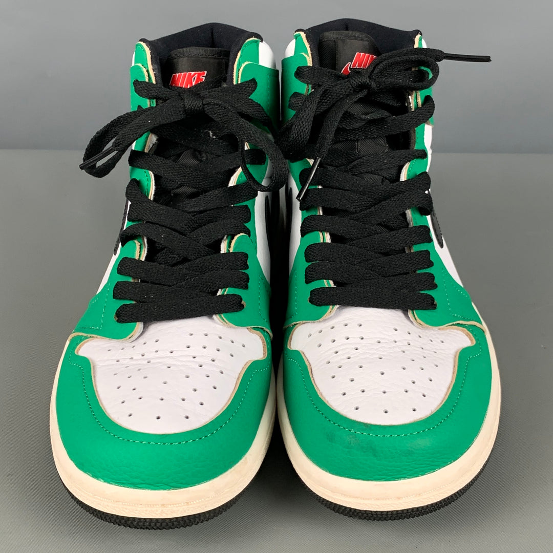 NIKE Size 7.5 Green White Color Block Leather High Top Sneakers