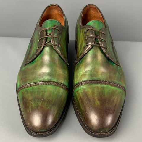 BONTONI Size 10 Green Brown Marble Leather Cap Toe Lace Up Shoes