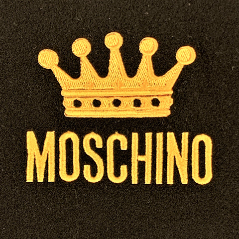 MOSCHINO Black Wool Yellow EMbroidered Crown Logo Fringe Scarf