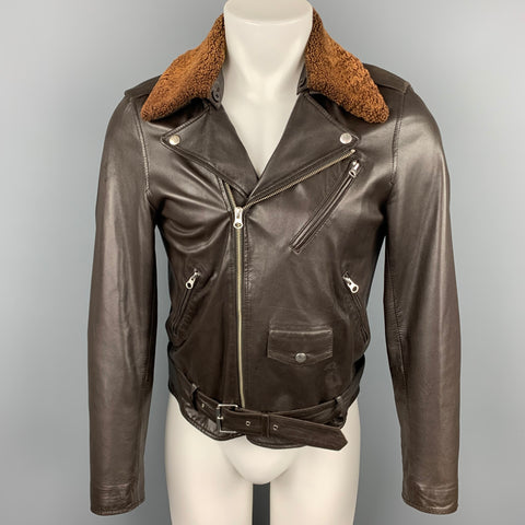 Chaqueta motera de cuero marrón con cuello desmontable de APC talla XS