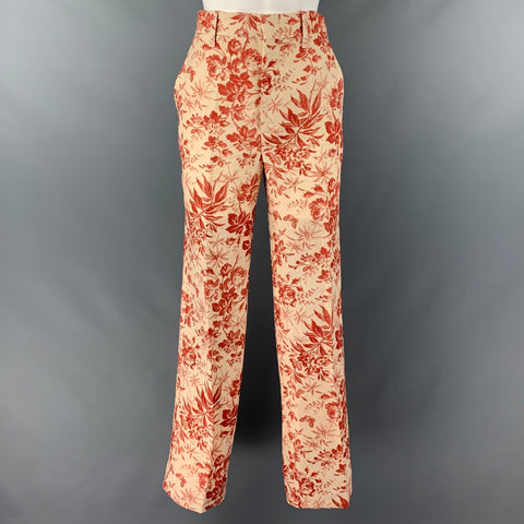 GUCCI Taille 2 Pantalon habillé en lin floral bordeaux crème à devant plat