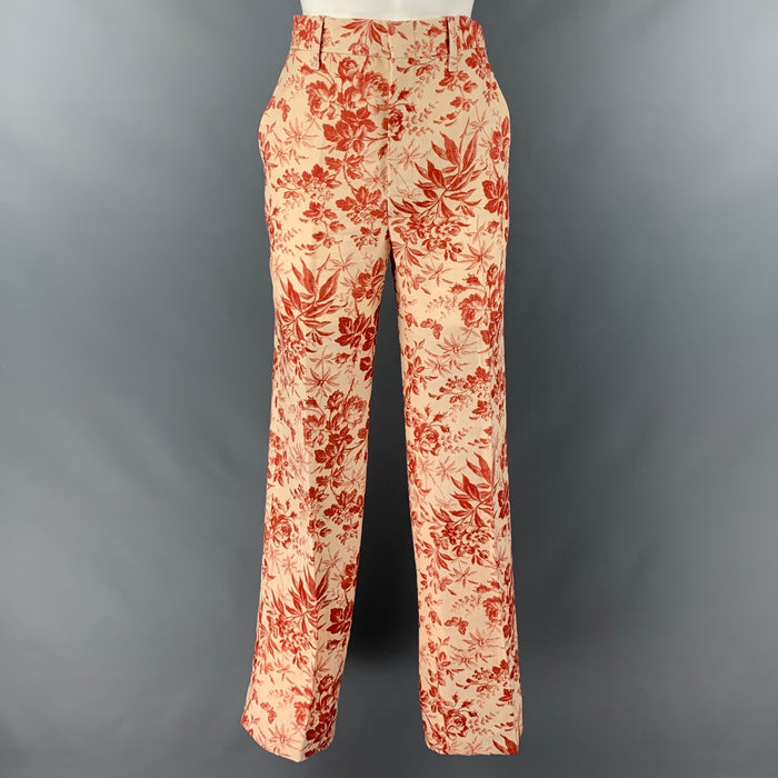 GUCCI Size 2 Cream Burgundy Linen Floral Flat Front Dress Pants