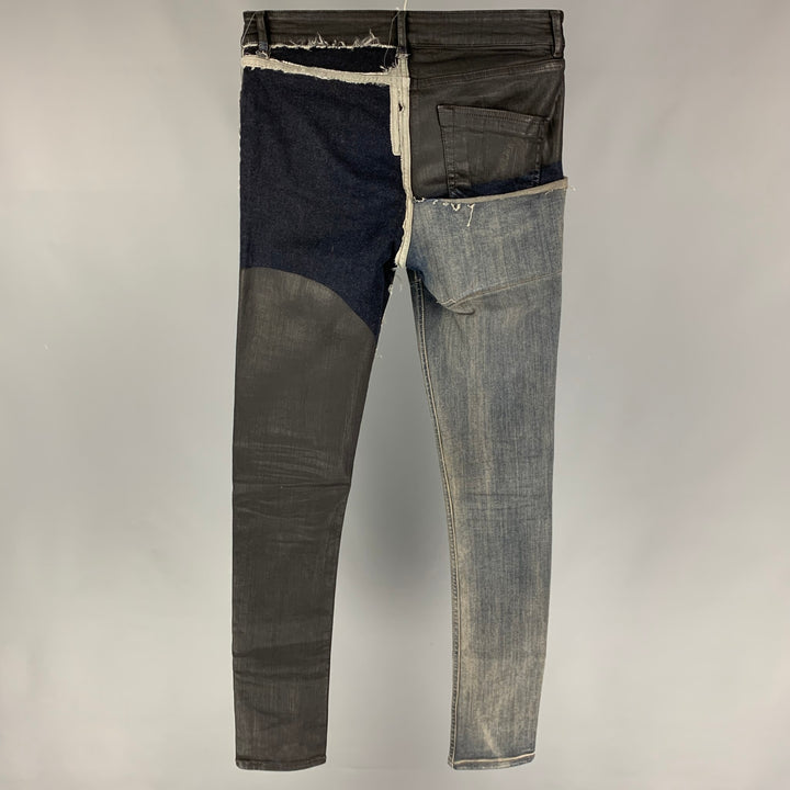 RICK OWENS Tyrone SS 19 Size 30 Black Blue Patchwork Cotton Blend Jeans